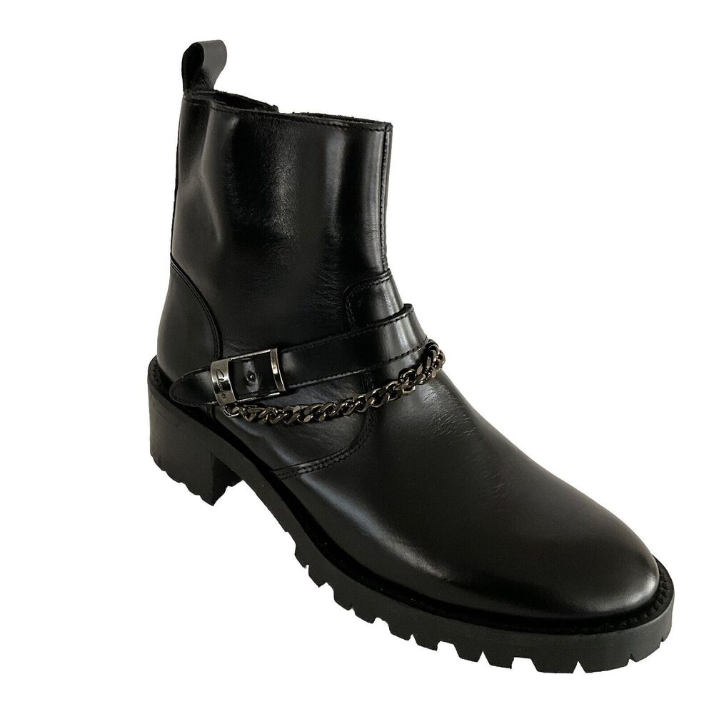 Clarks Leather Roseleigh Booties Harness Chain Detail Biker Black 10.5